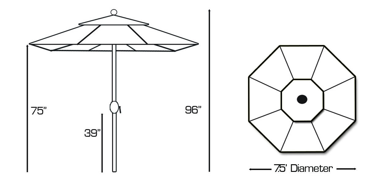 GALTECH 7.5' Deluxe Auto Tilt Octagon Umbrella Measurements