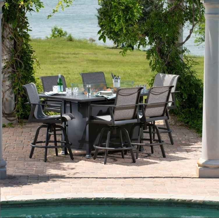 Mallin 60.5" x 36" Paso Robles Rectangular Chat Height Outdoor Fire Table with chairs around