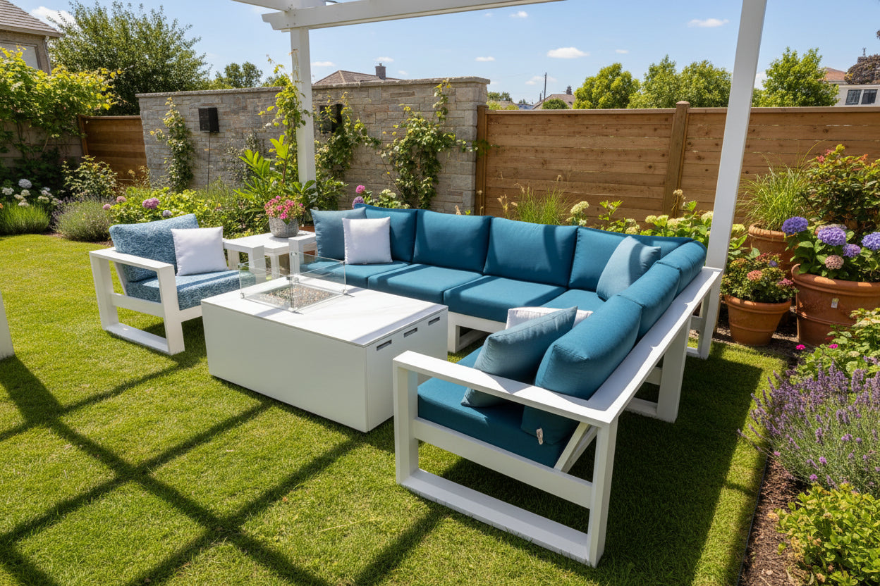 Blue sectional sofa with white cushions and a matching coffee table in an outdoor setting