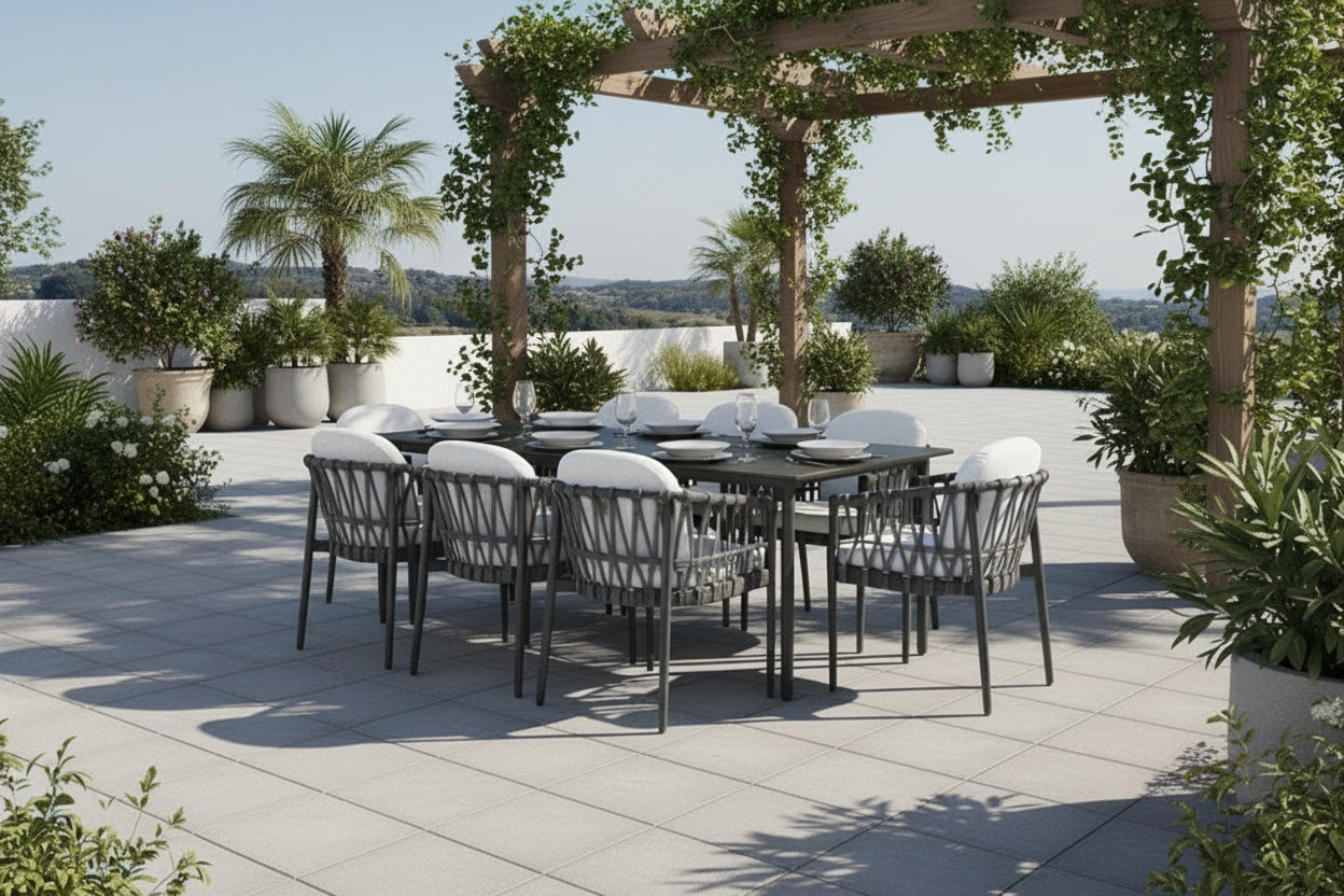 Outdoor dining set with a rectangular dark table and six woven gray chairs with white cushions, placed on a light stone patio beside a swimming pool with palm trees and a distant landscape.